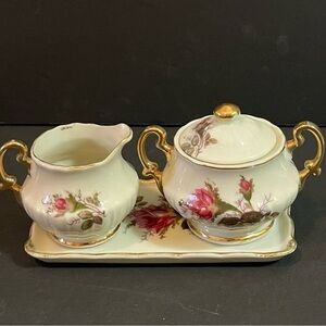 Royal Sealy Japan Individual Creamer Sugar Tray Set Roses Victorian Feminine